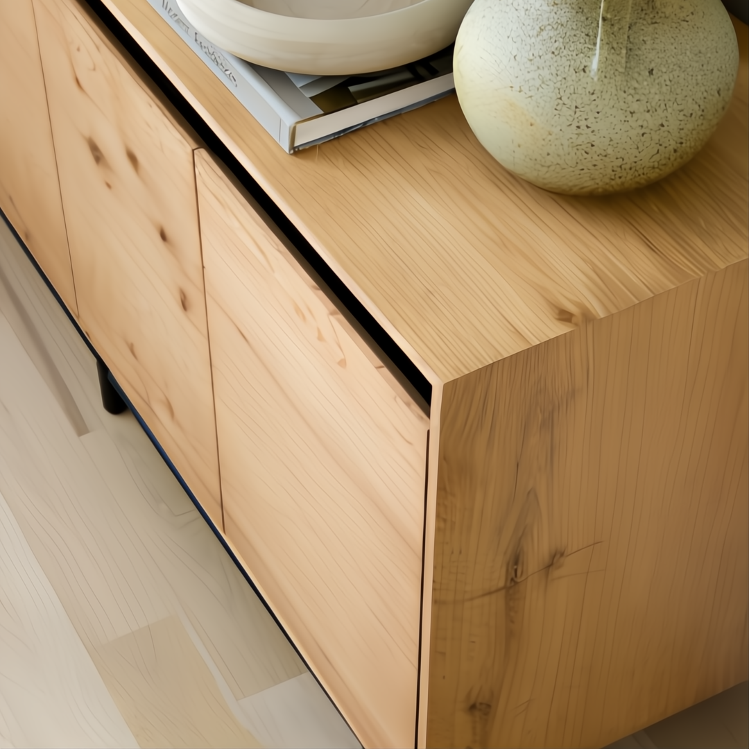 Modern Surya Molander sideboard with natural oak veneer top and black steel frame.
