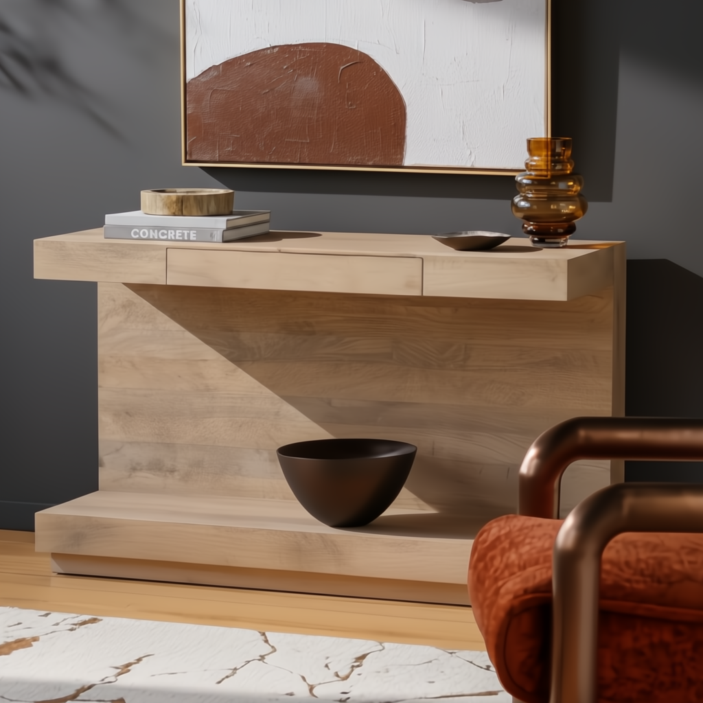 Surya Coburn 50"W light brown lacquered mango wood console table with a soft-close drawer and plinth base.