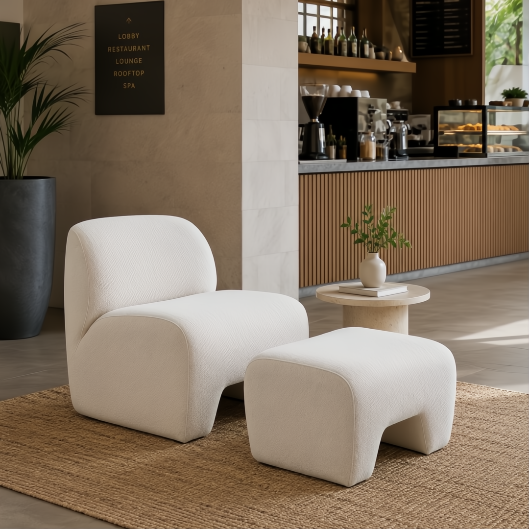 Ivory foam accent chair and matching ottoman on a jute rug in a modern lounge.