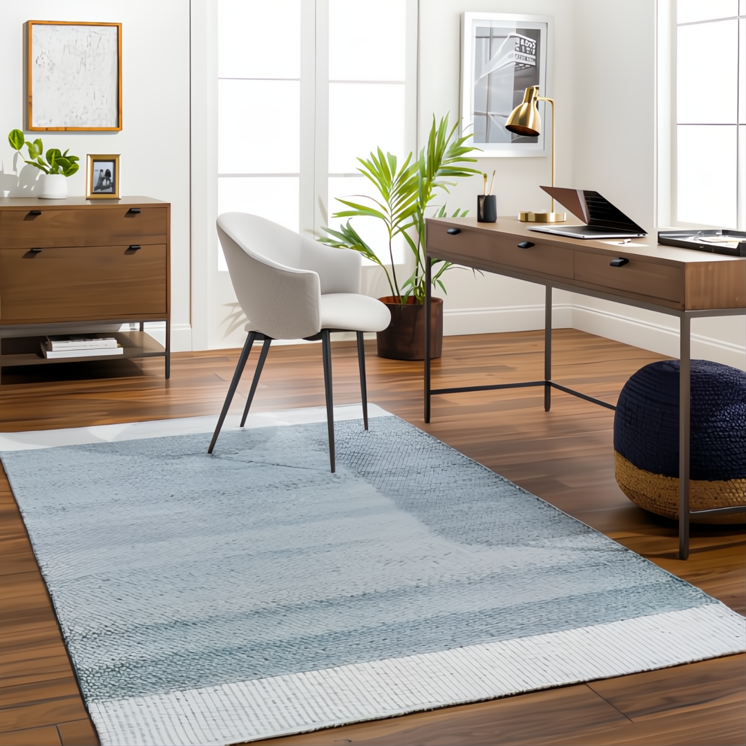 Hand-woven Surya Abby ABB-2302 area rug with blue and white transitional stripes in a home office.