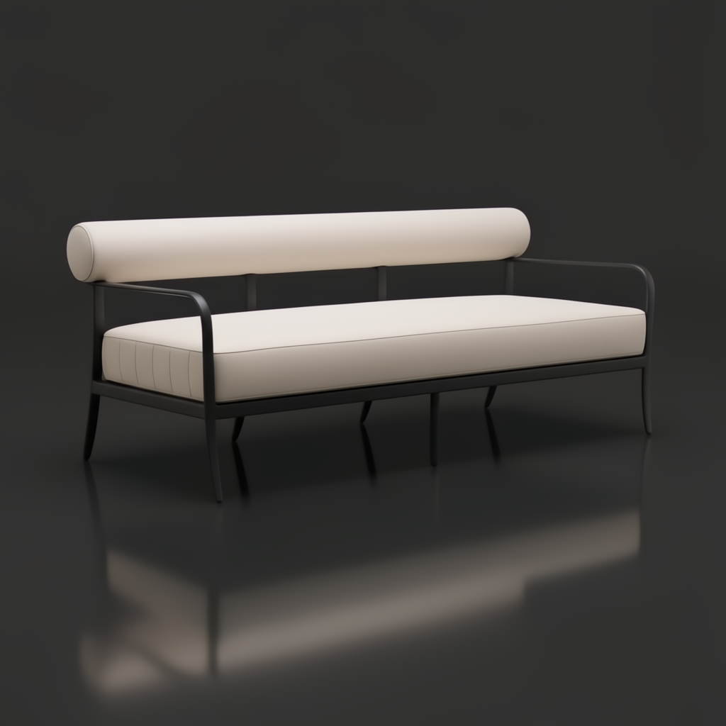 Surya Antibes outdoor sofa with cream Sunbrella upholstery and sleek black aluminum frame.