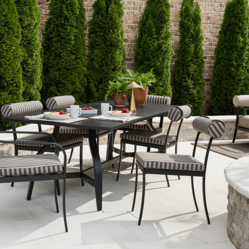 Surya Antibes dining arm chairs with striped Sunbrella upholstery and black aluminum frames around a black outdoor dining table.