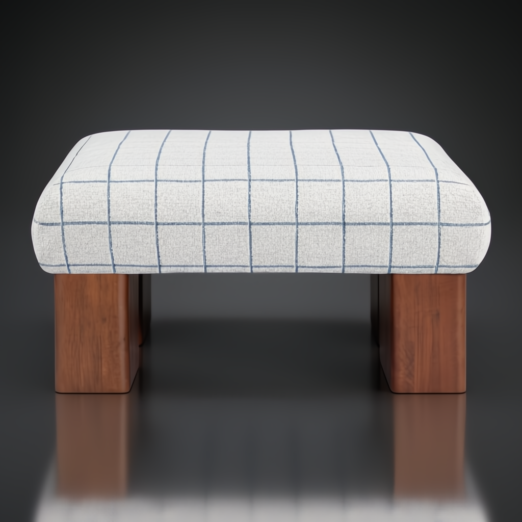Surya Mirava Ottoman with a checkered polyester top and brown stained rubber wood base.