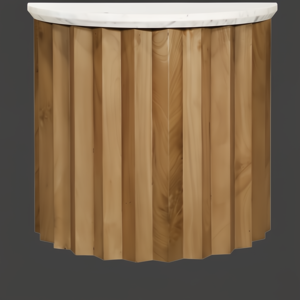 Surya Piestra end table with white marble top and brown zigzag fluted mango wood base.