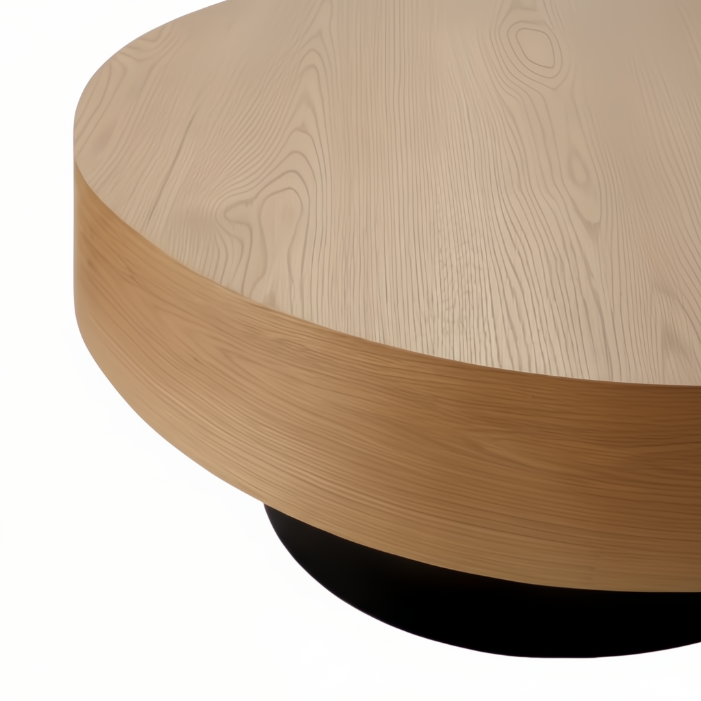 Surya Russula round coffee table with a brown oak top and metallic nickel iron base.