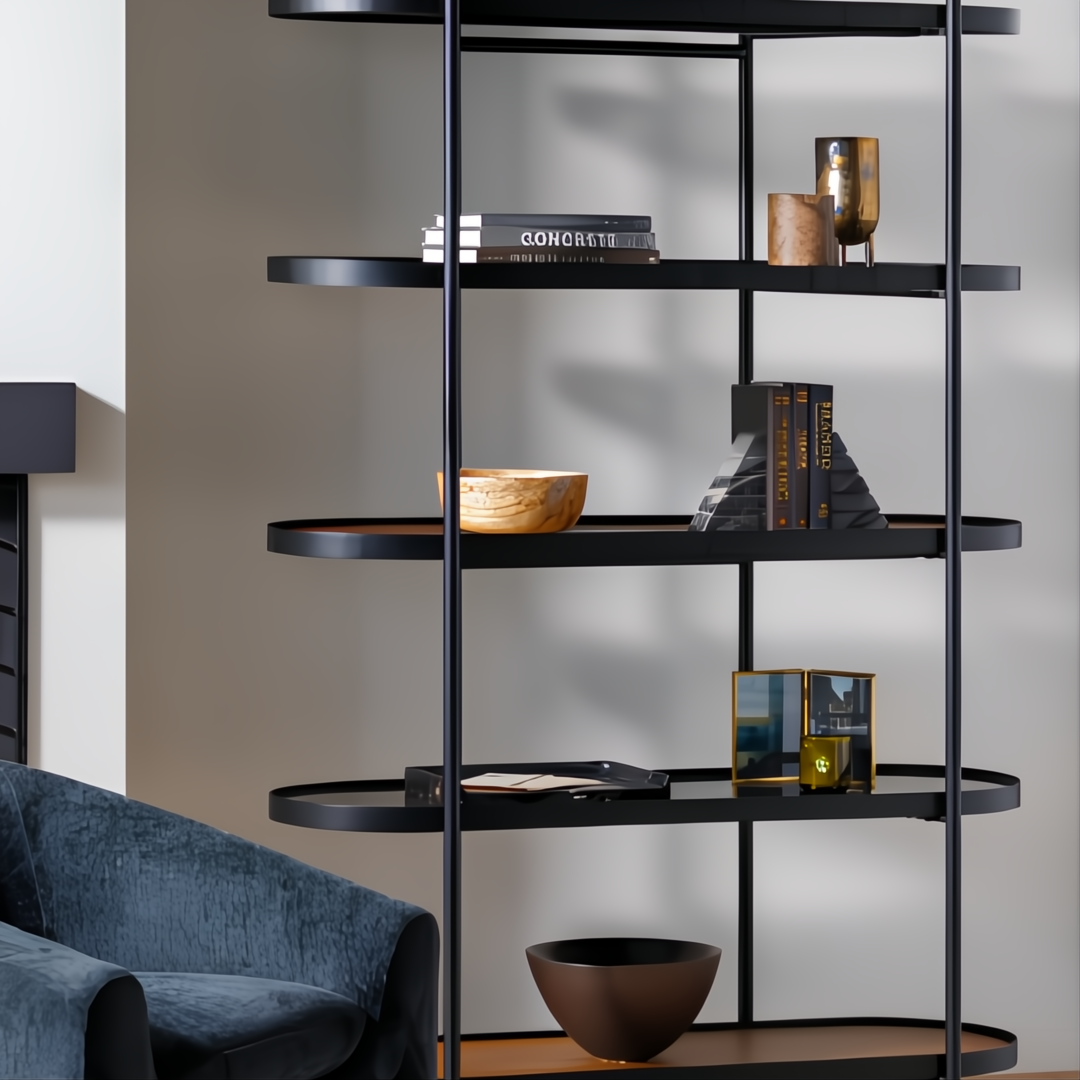 Modern black iron bookcase with dark brown mango wood and smoked gray glass shelves, brass accents.
