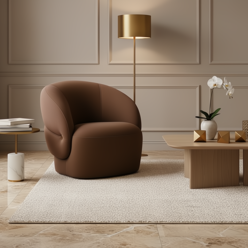 Surya Katarina accent chair in brown polyester with curved back, in a modern living room.