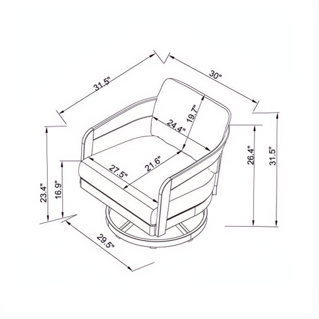 Line drawing of the Surya Daniella Swivel Chair with dimensions, showing its gray Sunbrella® acrylic cover and aluminum base.