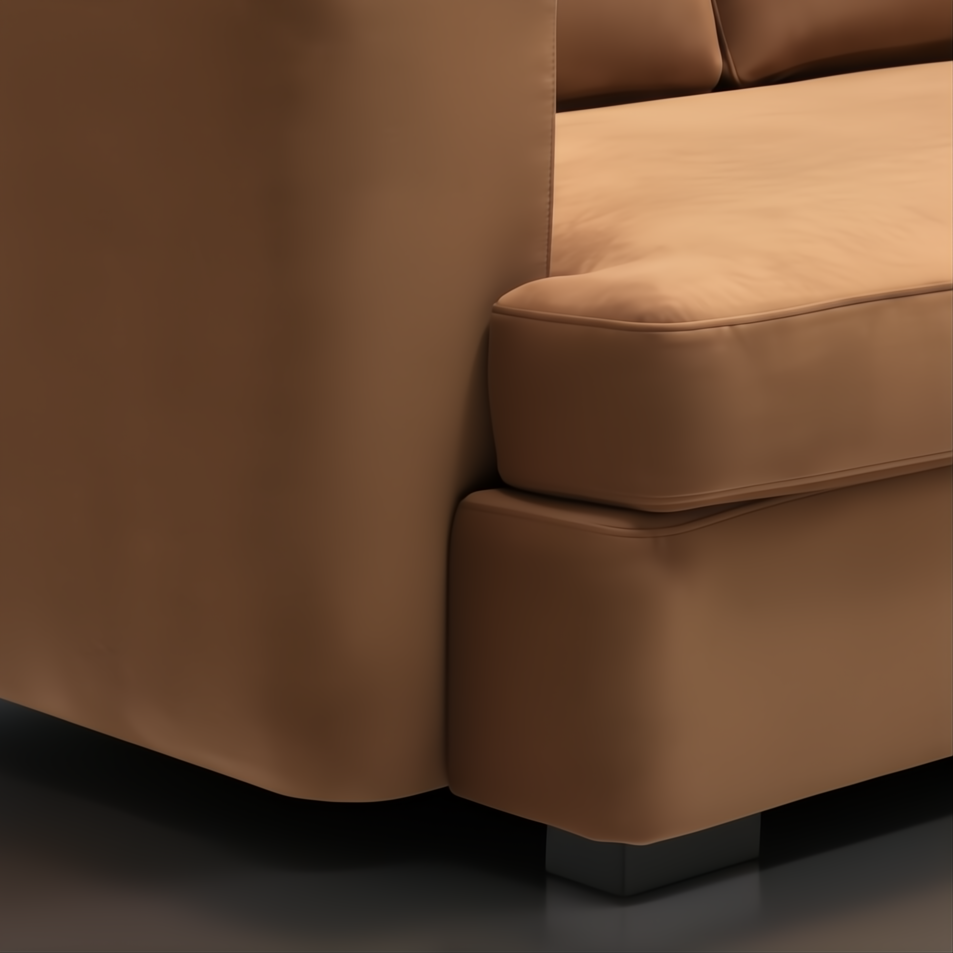 Surya Cahill modern camel polyester sofa with charcoal painted rubber wood base.