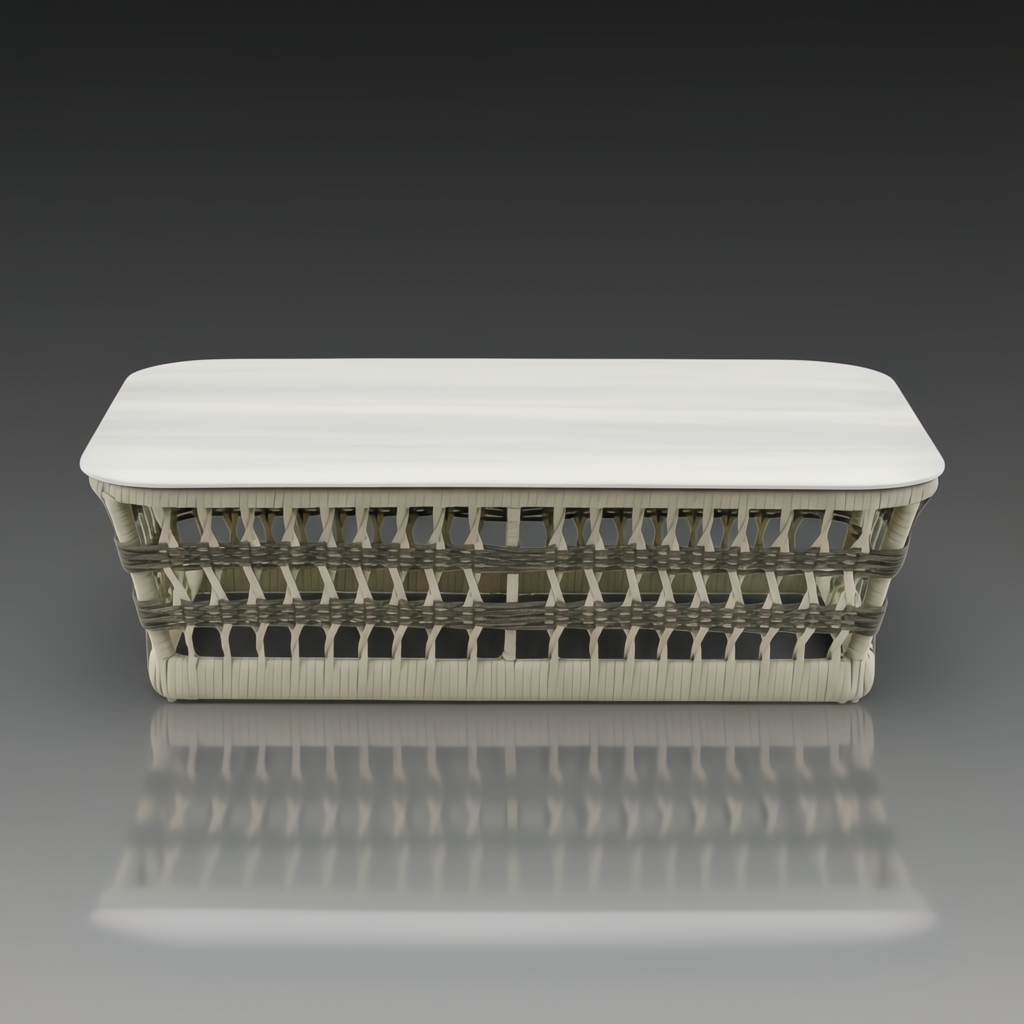 Cream powder-coated aluminum coffee table with handwoven PE rope detail and rectangular profile.