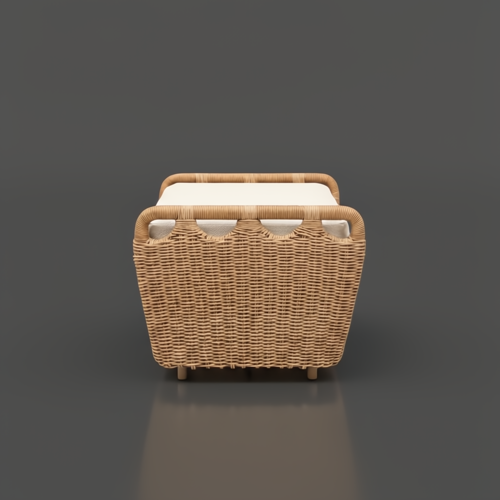 Woven natural rattan ottoman with a light beige cushion, suitable for indoor or outdoor use.