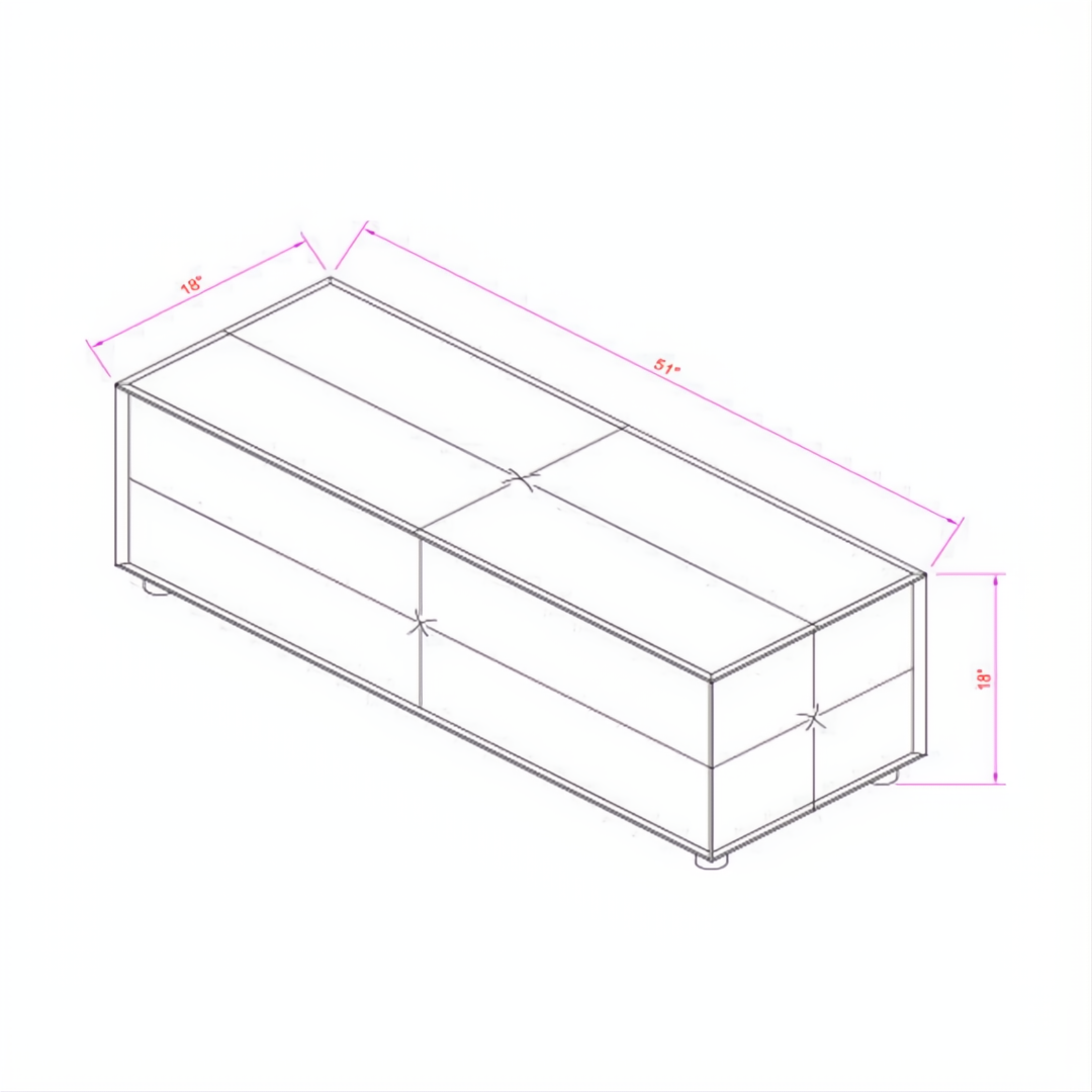 Line drawing of the Surya Andra Ottoman, a light blue rectangular upholstered bench with dimensions 18"H x 51"W x 18"D.