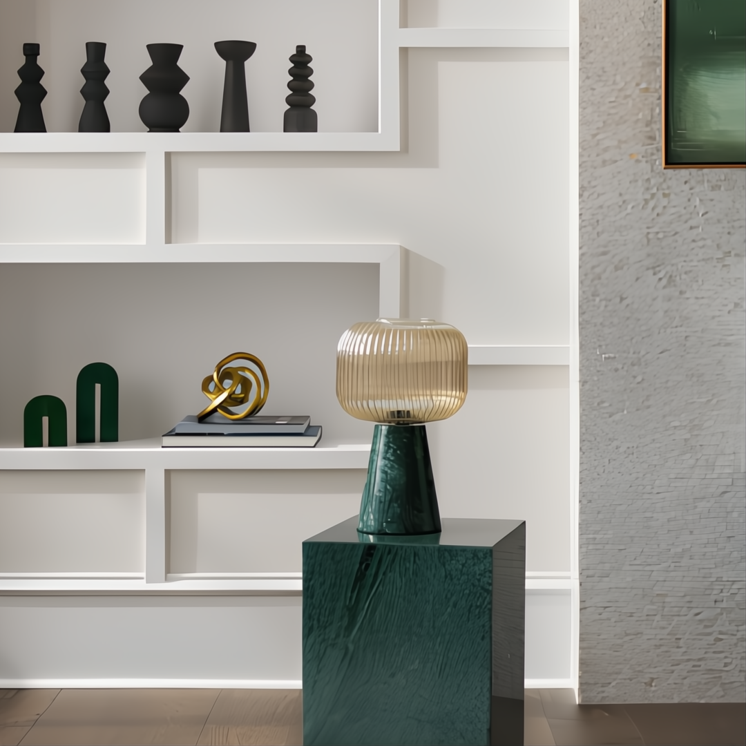 Surya Konark KNK-001 black ceramic vase set with varied global-inspired designs on a white shelf.