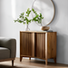 Surya Ronan RNO-001 brown lacquered mango wood cabinet with slatted soft-close doors.