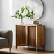 Surya Ronan RNO-001 brown lacquered mango wood cabinet with slatted soft-close doors.