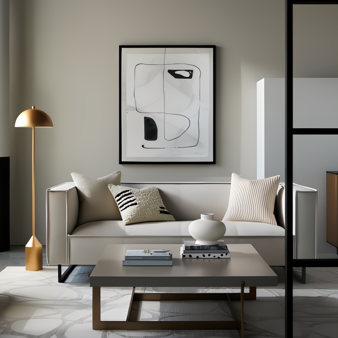 Light gray linen Surya Dylan sofa with black metal base, throw pillows, and coffee table in a modern living room.