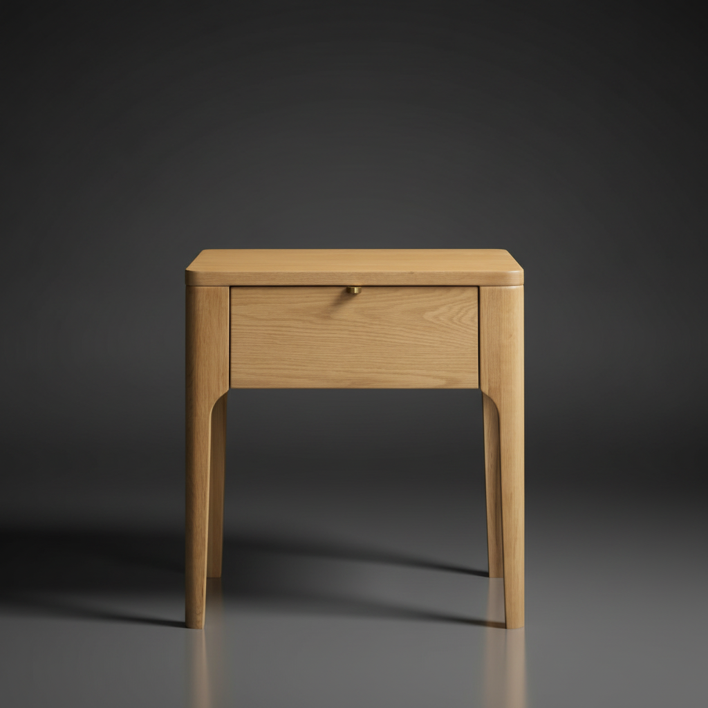 Surya Anello End Table with a brown oak veneer top, single drawer, and brown/metallic brass base.