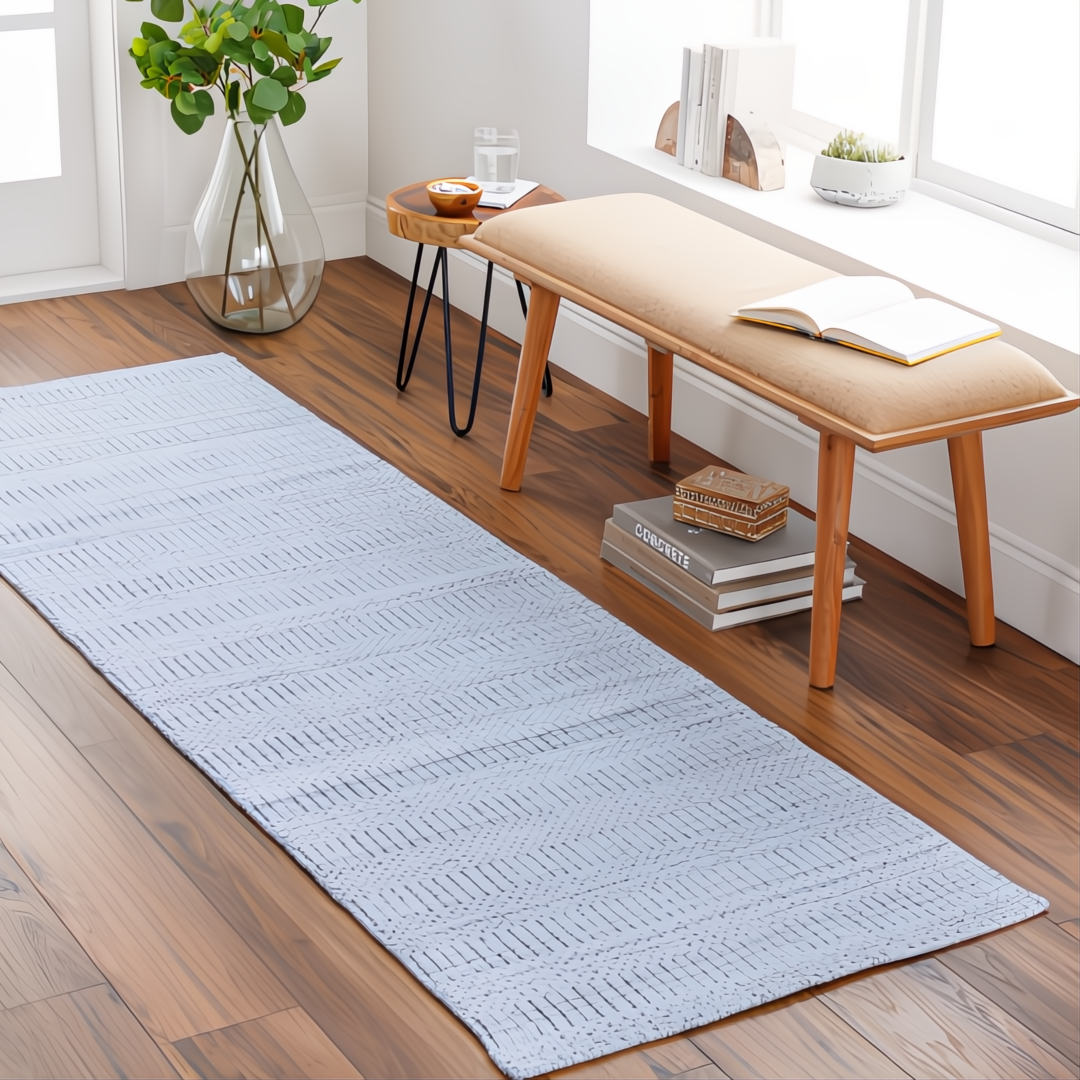 Surya Hickory HCK-2301 hand-loomed runner rug in light slate, gray, charcoal, and cream recycled PET yarn.