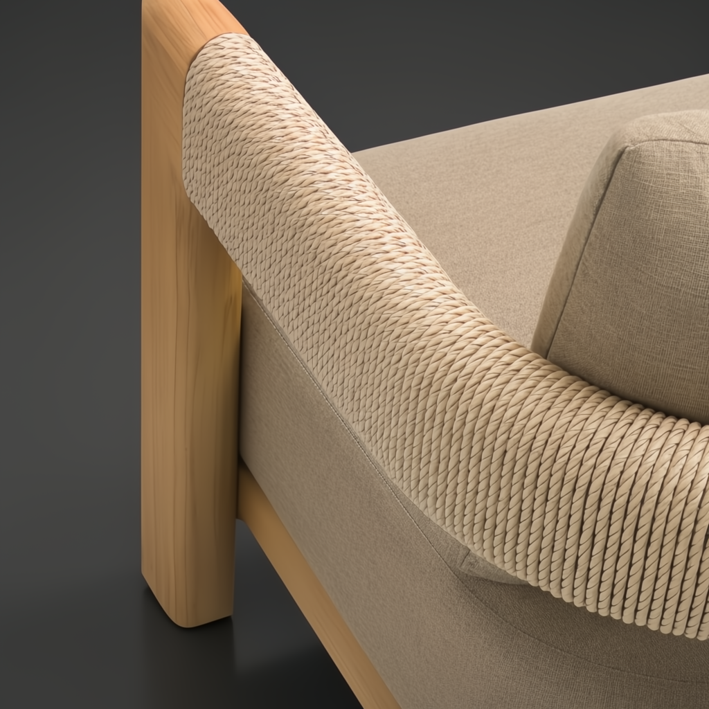 Surya Palma outdoor sofa with natural teak frame, beige Sunbrella upholstery, and PE rope-wrapped arm detail.