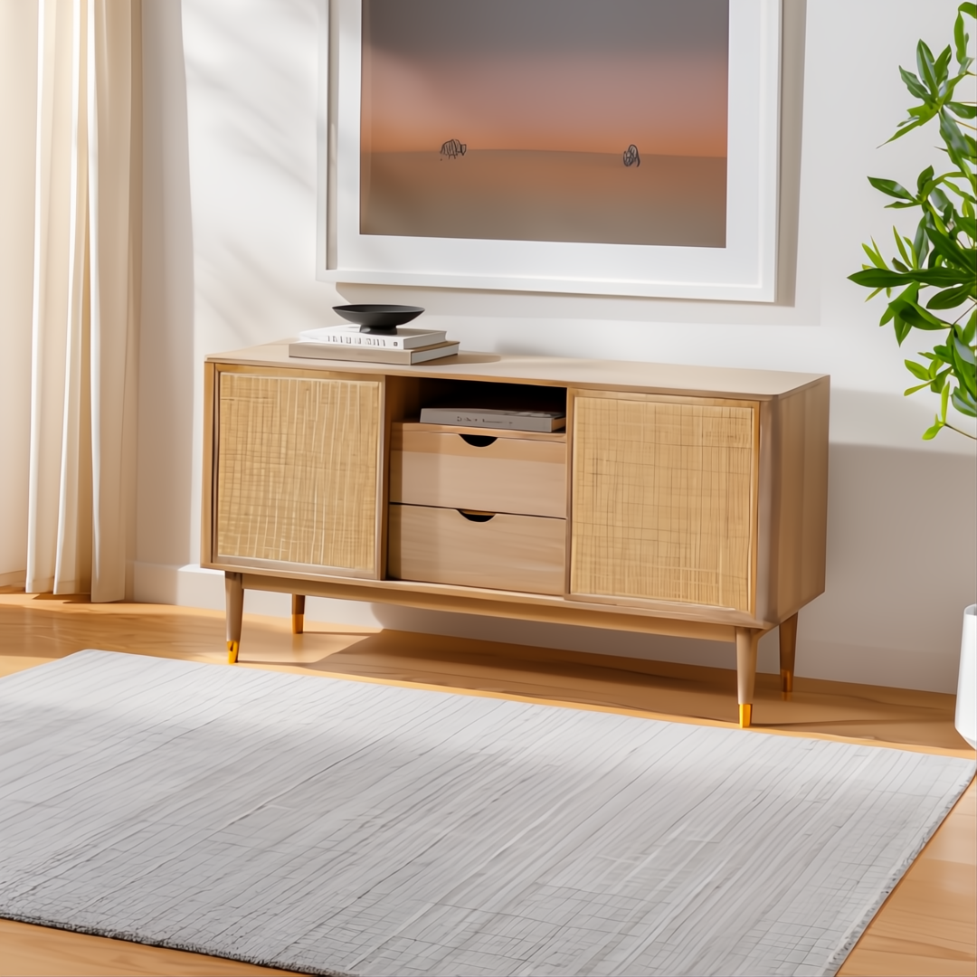 Surya Fresno FNO2302 multi-tone gray area rug made from recycled PET yarn, with a low pile.