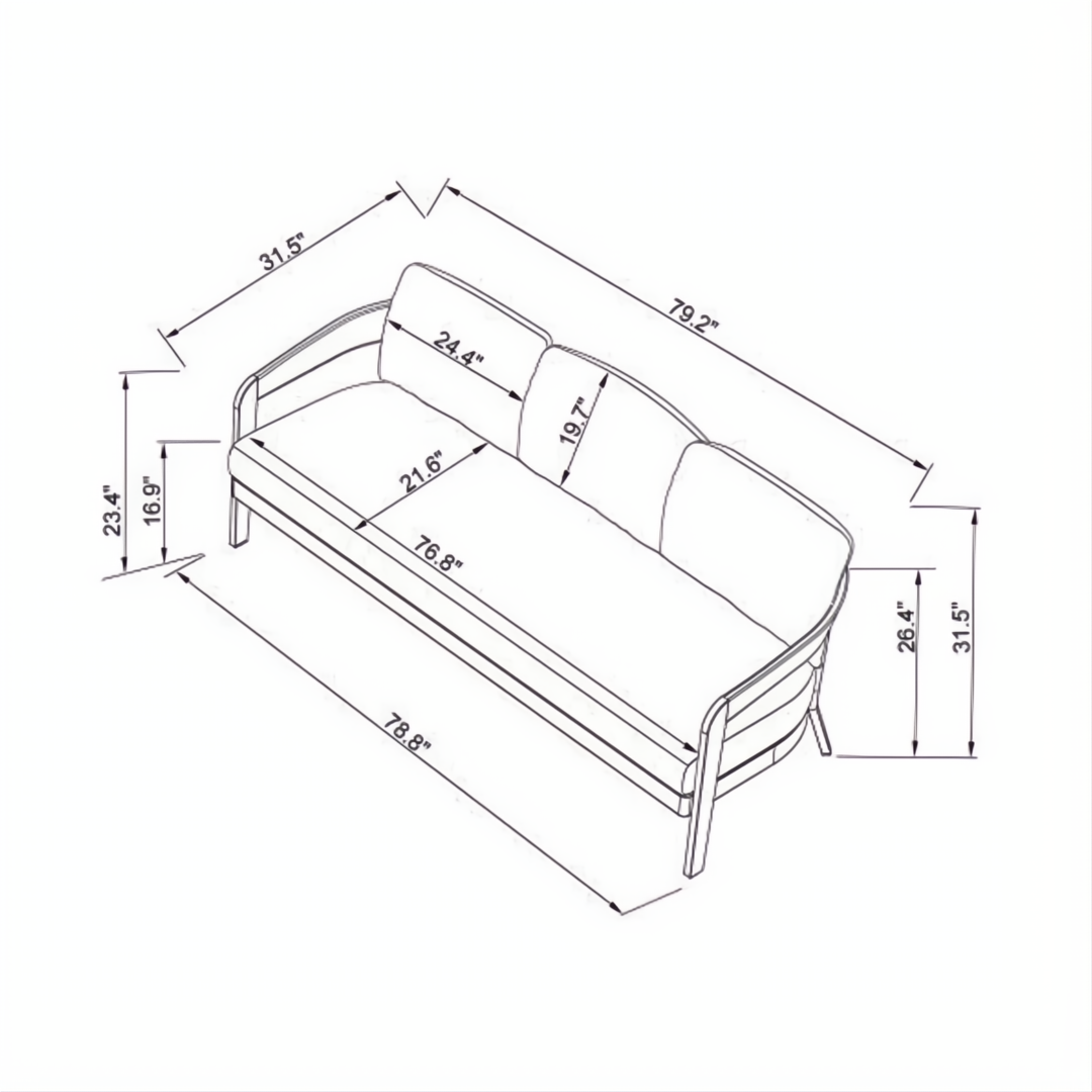 Line drawing of the Surya Daniella outdoor sofa with dimensions, showing its gray aluminum frame and cushioned profile.