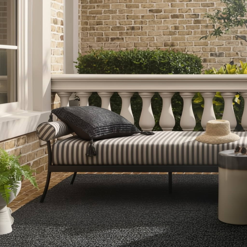 Surya Antibes outdoor bench with brown and beige striped Sunbrella upholstery, black aluminum base, and channel stitch detail.