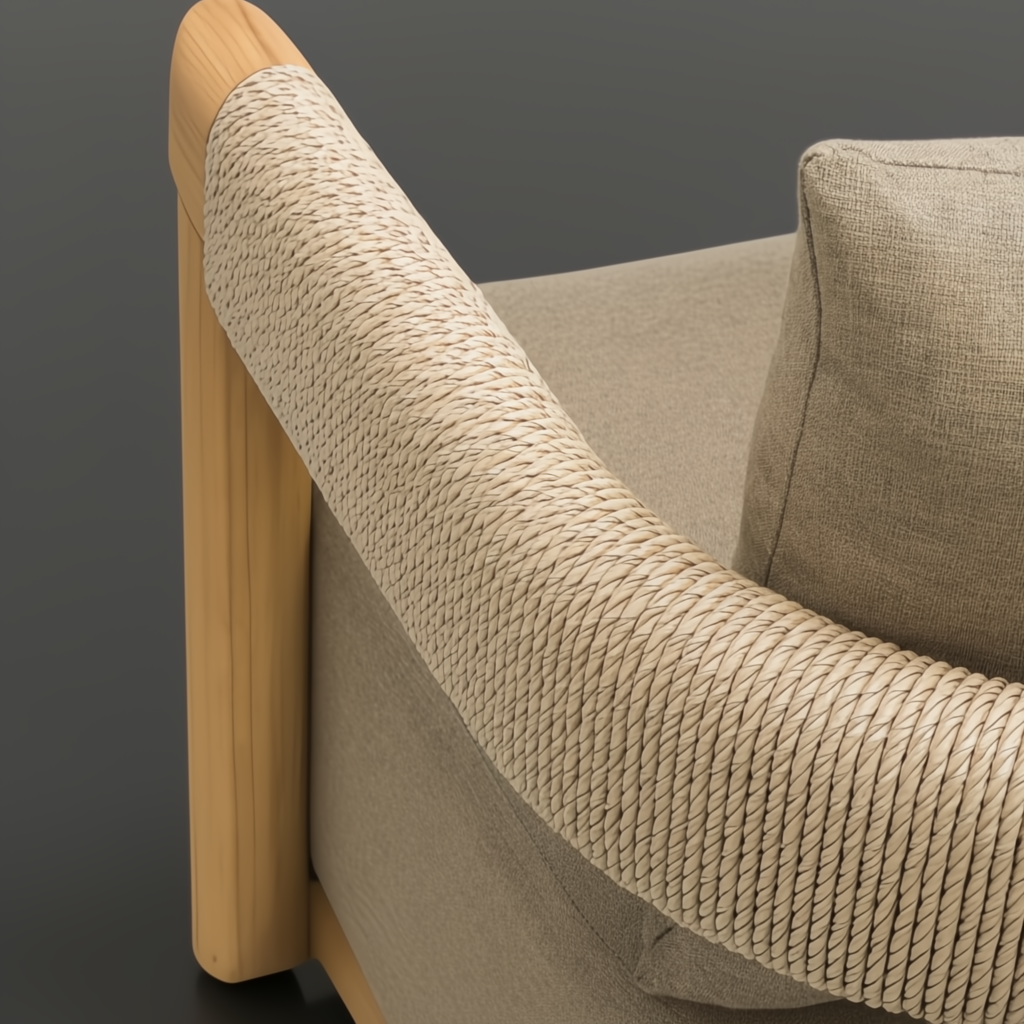 Surya Palma Swivel Chair with natural teak wood frame, rope-wrapped armrest, and beige Sunbrella cushion.