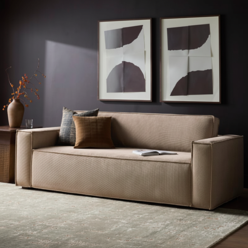 Surya Aira beige polyester sofa (89"W) with contemporary design, polyurethane foam cushioning, and two throw pillows.