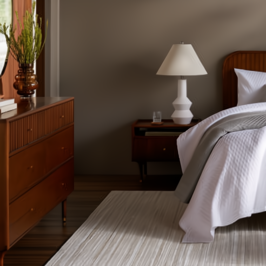Brown Madri dresser with minimalist modern design, fluted top drawer, and tapered legs in a bedroom.