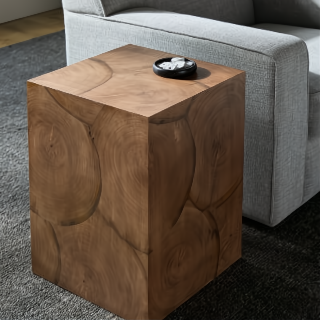 Brown lacquered acacia end table with natural wood grain, next to a gray sofa.