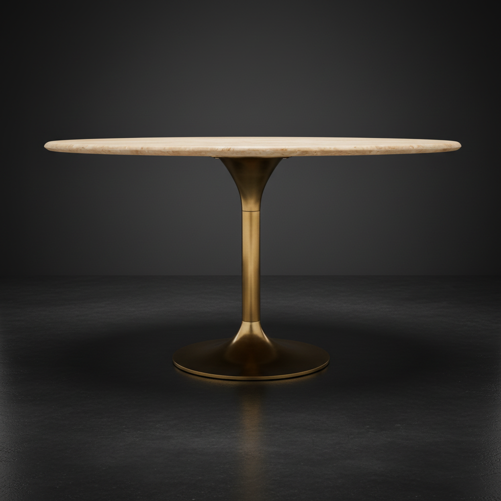 Surya Anatalia dining table with a cream polished travertine top and a gold brushed brass iron pedestal base.