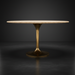 Surya Anatalia dining table with a cream polished travertine top and a gold brushed brass iron pedestal base.