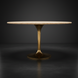 Surya Anatalia dining table with a cream polished travertine top and a gold brushed brass iron pedestal base.