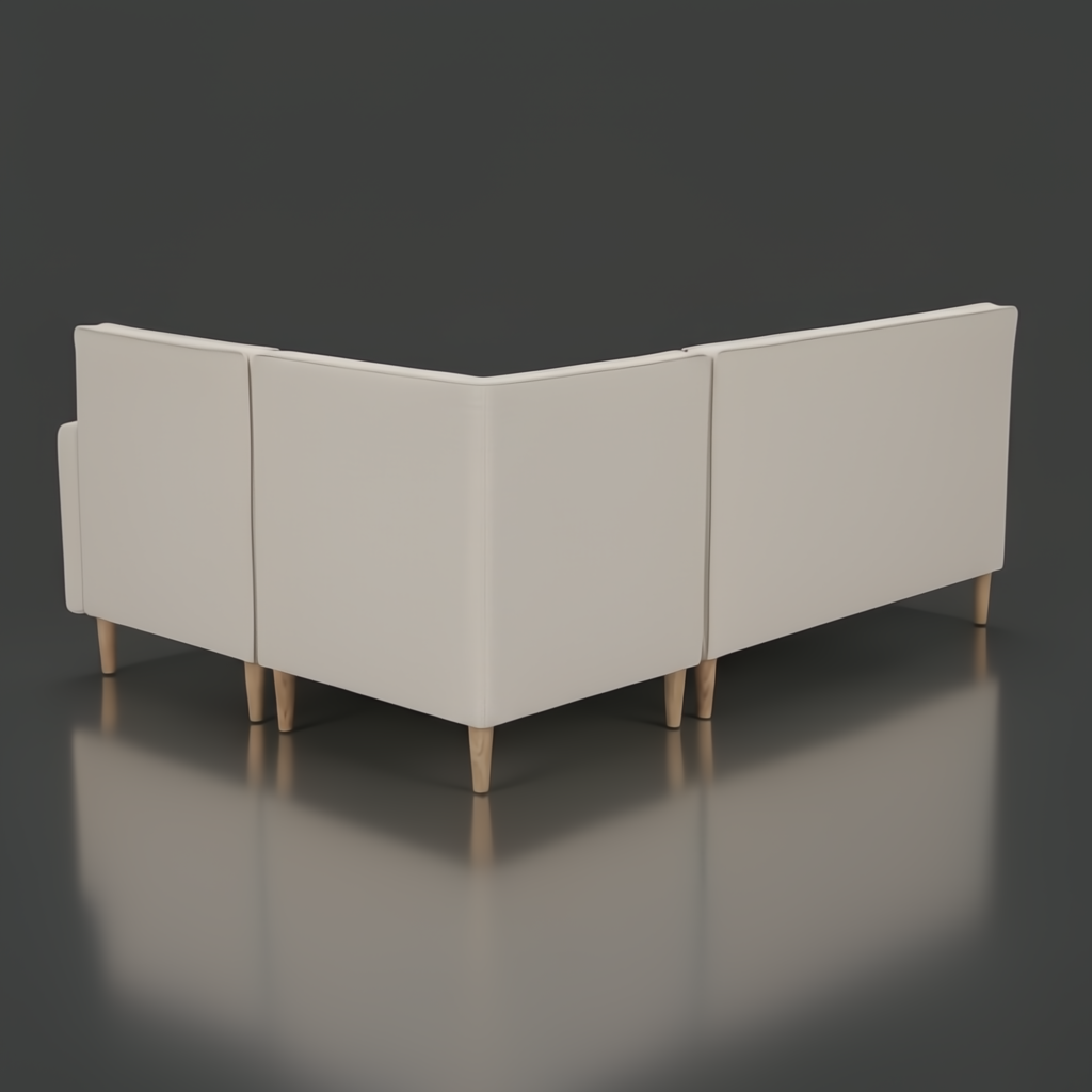 Light gray upholstered banquette bench with natural ash wood base and side cut-out detail.