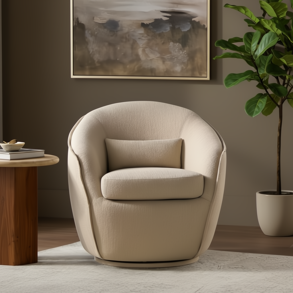 Beige Surya Ariah swivel chair with polyester upholstery and black iron base in a modern living room.