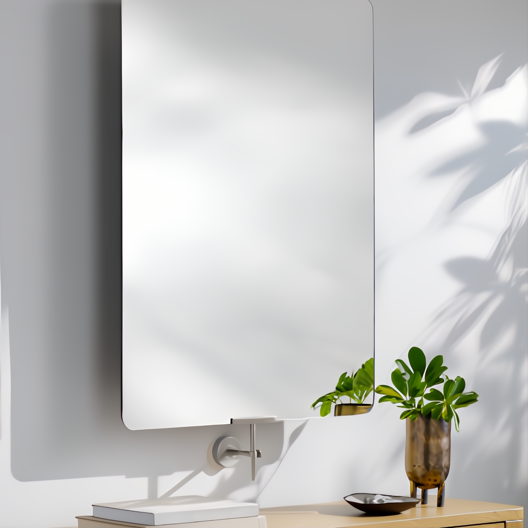 Modern rectangular mirror with rounded corners, mounted above a light wood console table with a plant.
