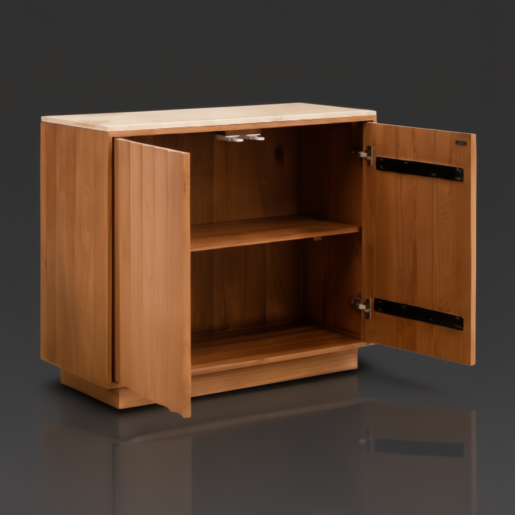 Beige mid-century modern Surya Skopa cabinet with marble top, white oak base, and open doors revealing shelves.