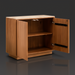 Beige mid-century modern Surya Skopa cabinet with marble top, white oak base, and open doors revealing shelves.
