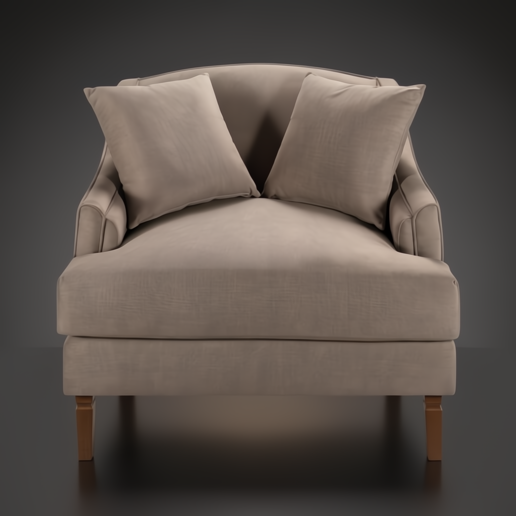 Surya Maywood accent chair with light brown polyester upholstery, dark brown rubber wood base, and two pillows.