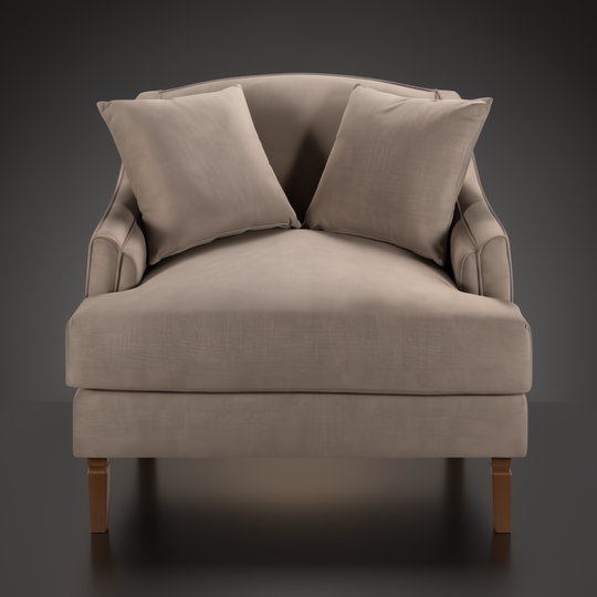 Surya Maywood accent chair with light brown polyester upholstery, dark brown rubber wood base, and two pillows.