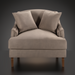 Surya Maywood accent chair with light brown polyester upholstery, dark brown rubber wood base, and two pillows.