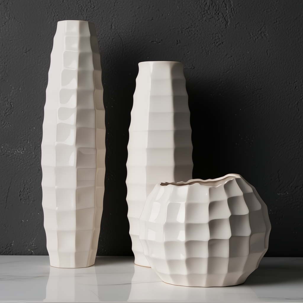 Set of 3 Surya Cirio cream glazed ceramic outdoor vases with textured, sculptural designs.