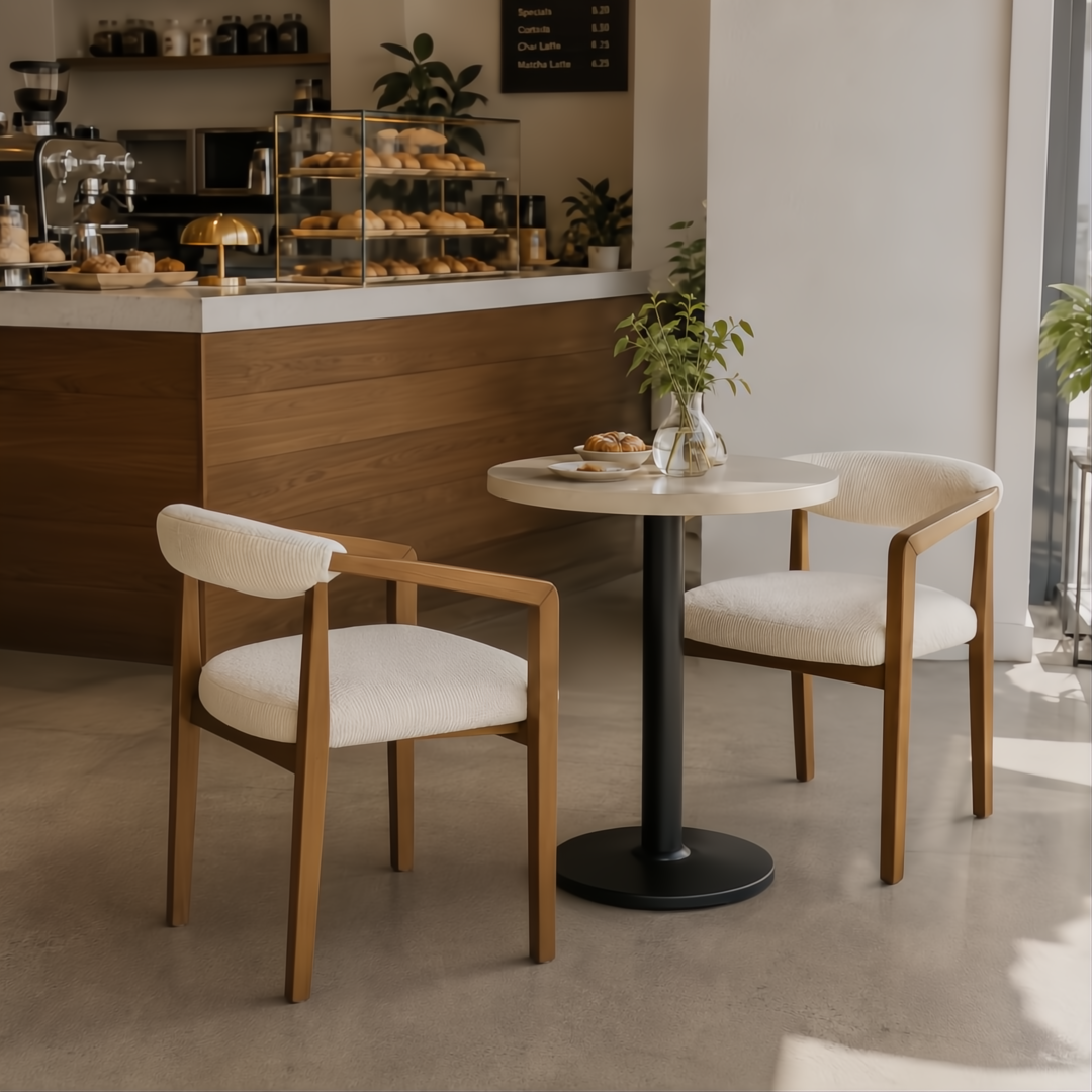 Two modern dining chairs with light gray polyester upholstery and natural wood frames, paired with a small round table in a cafe setting.