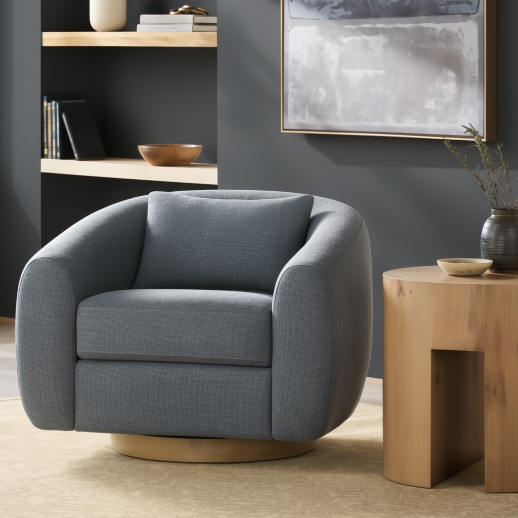 Blue-gray Surya Loma swivel chair with a wood base, polyester-rayon cover, and included pillow.