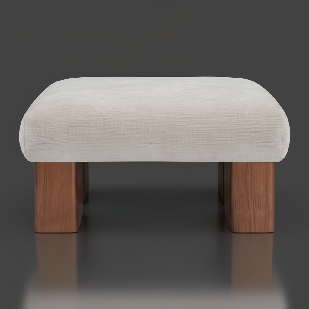 Surya Mirava Ottoman, ivory polyester upholstered top, brown stained rubber wood base.