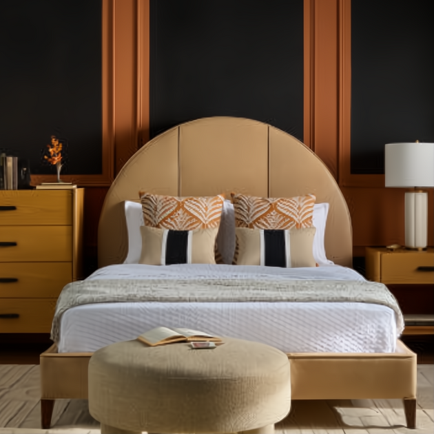 Bodo Dresser: minimalist modern brown natural wood veneer dresser with black pulls, next to a bed.