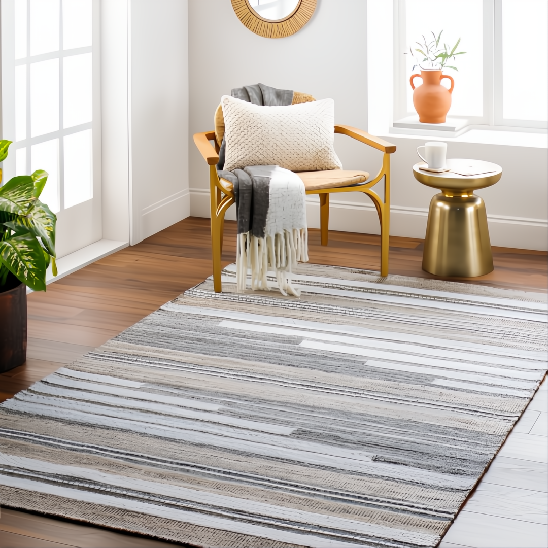 Surya Azalea AZA-2334 hand-woven recycled PET yarn rug with contemporary gray and beige stripes.
