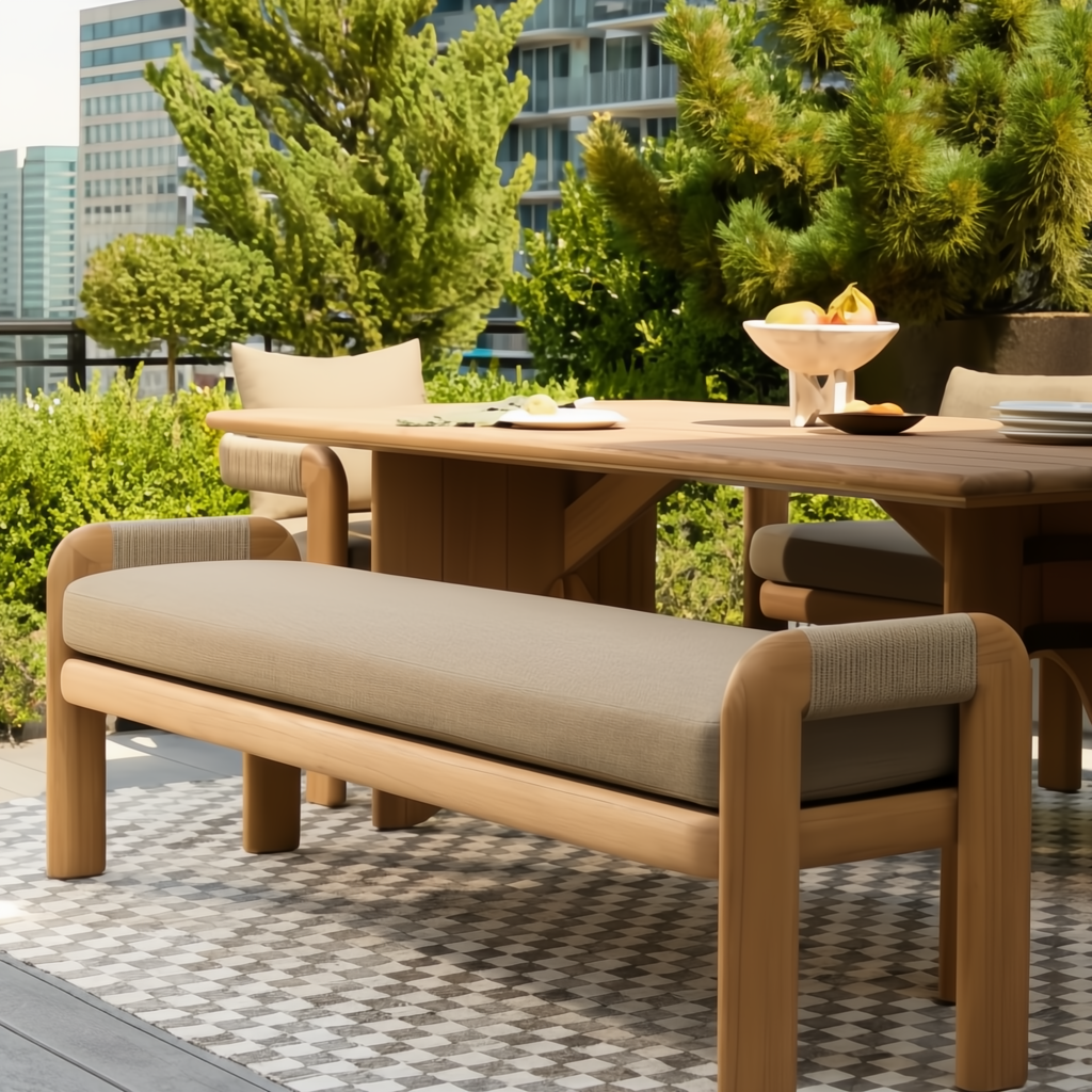 Surya Palma outdoor bench with beige Sunbrella upholstery and teak wood base on a patio.