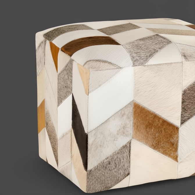 Surya Appalachian Ottoman: Ivory, brown, and gray hair on hide pouf with a geometric patchwork design.