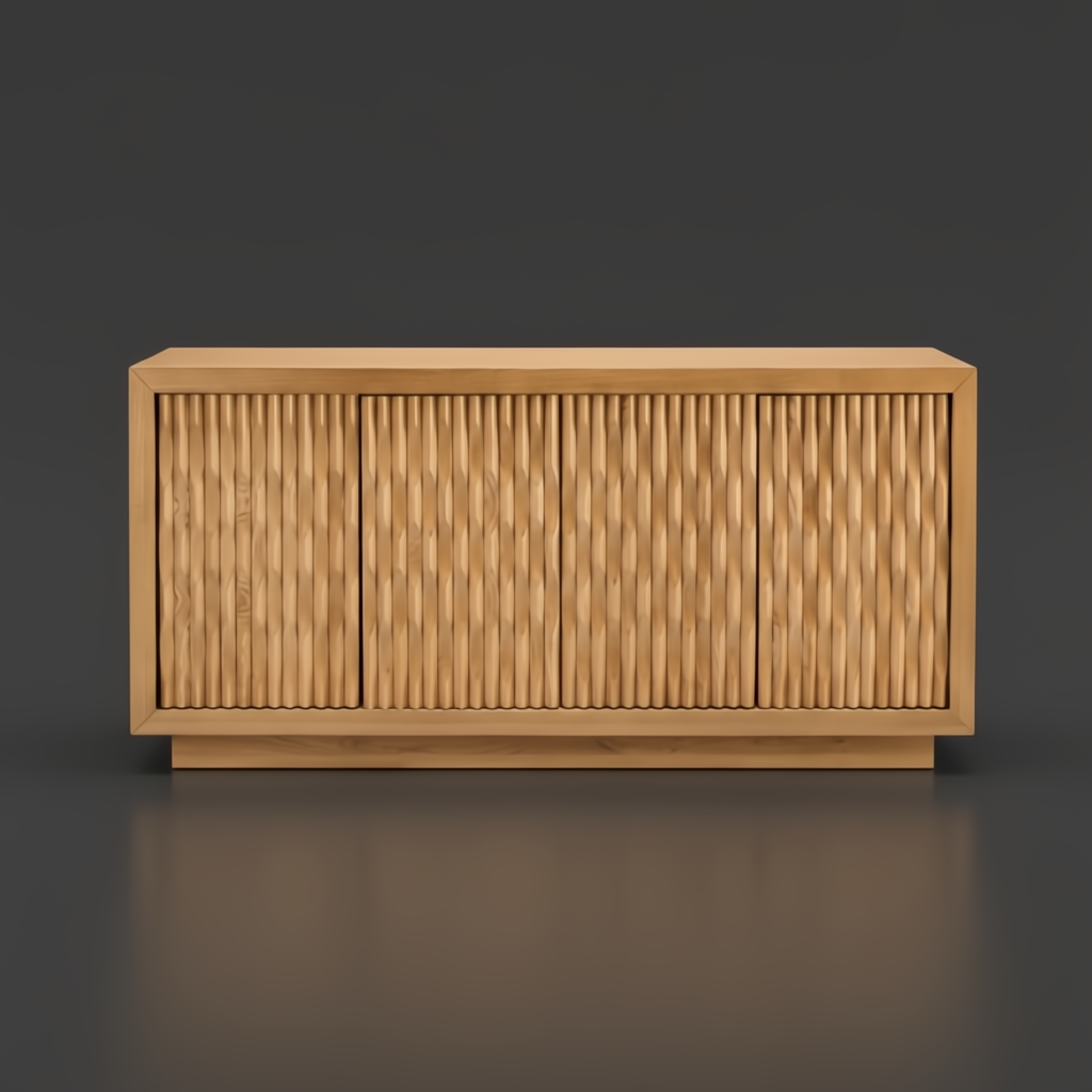Surya Lulea Cabinet: beige natural ash wood veneer storage cabinet with 3D patterned doors, 67"W.